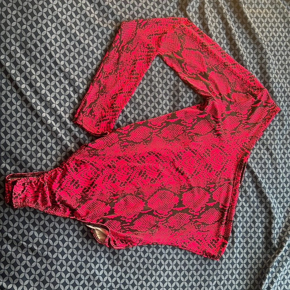 Pink snakeskin off shoulder bodysuit